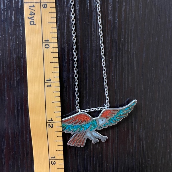 Vintage Silver Turquoise Coral Eagle Necklace - Picture 8 of 10